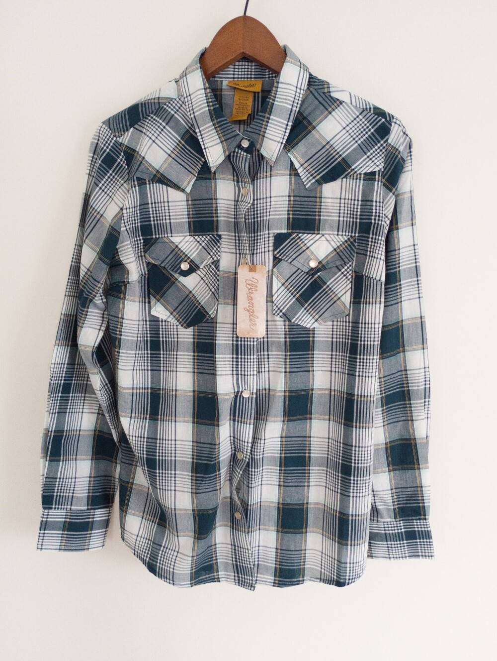 Wrangler Plaid Pearl Snap Western Shirt Small Green White Long Sleeve Yoke NWT